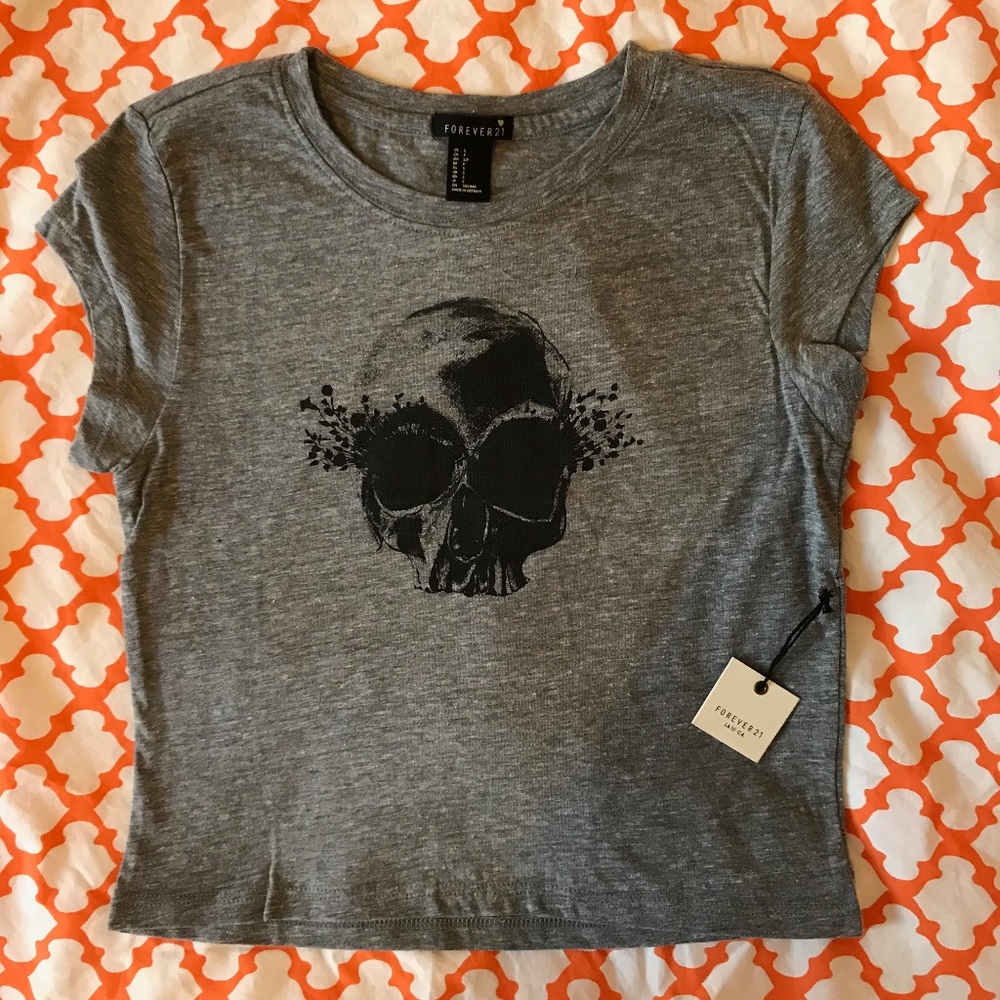 Grey and Black Skeleton Cropped Tee
